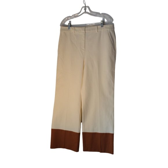 ALFANI Elegant Cream with Brown cuffs Cotton-Rayon Wide Leg Dress Pants Women 12 - Picture 1 of 8